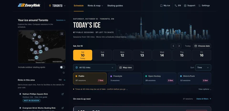EveryRink screenshot: Toronto’s page: the next seven days of public skate, freestyle, open hockey and stick & puck across the city’s rinks.