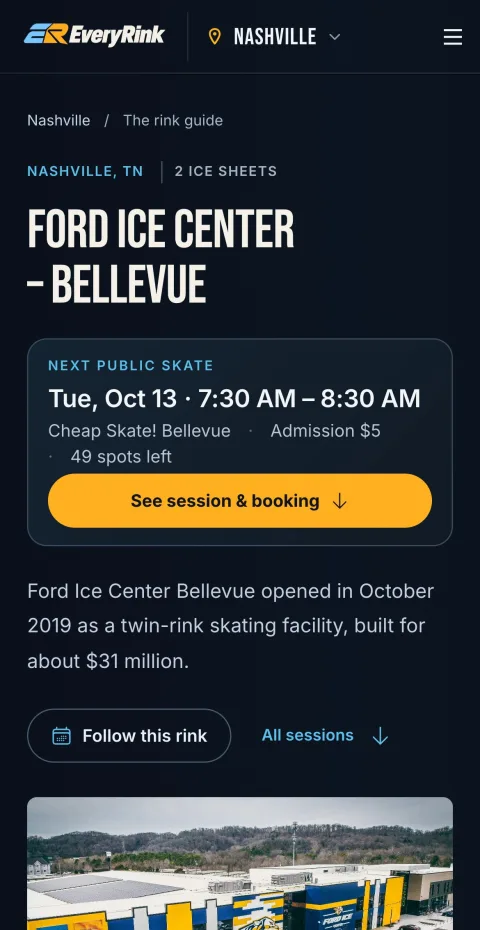 EveryRink screenshot: The next public skate, its price and spots left, and the way to book with the rink.