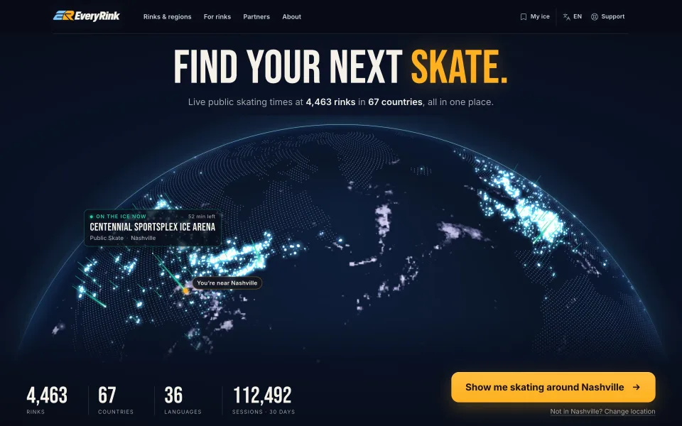 EveryRink screenshot: The home page: every listed rink lit up on the globe, with a session that is on the ice right now.