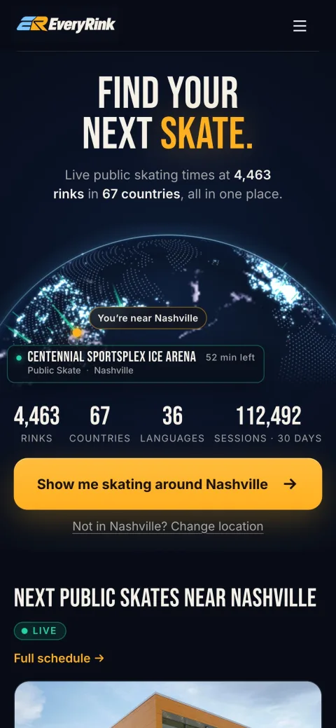 EveryRink screenshot: The globe and the next skates nearby, sized for a phone at the rink door.