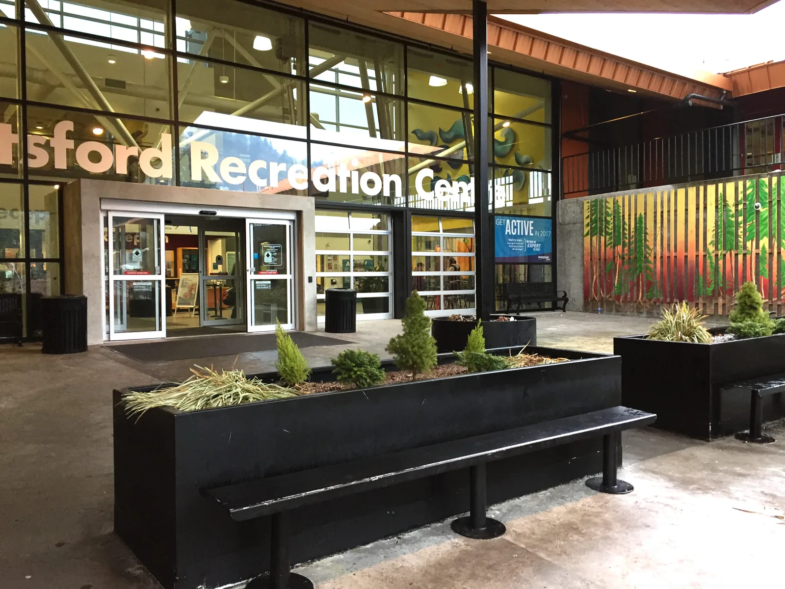 The front entrance of the Abbotsford Recreation Centre, from the City of Abbotsford's facility page — Abbotsford Recreation Centre