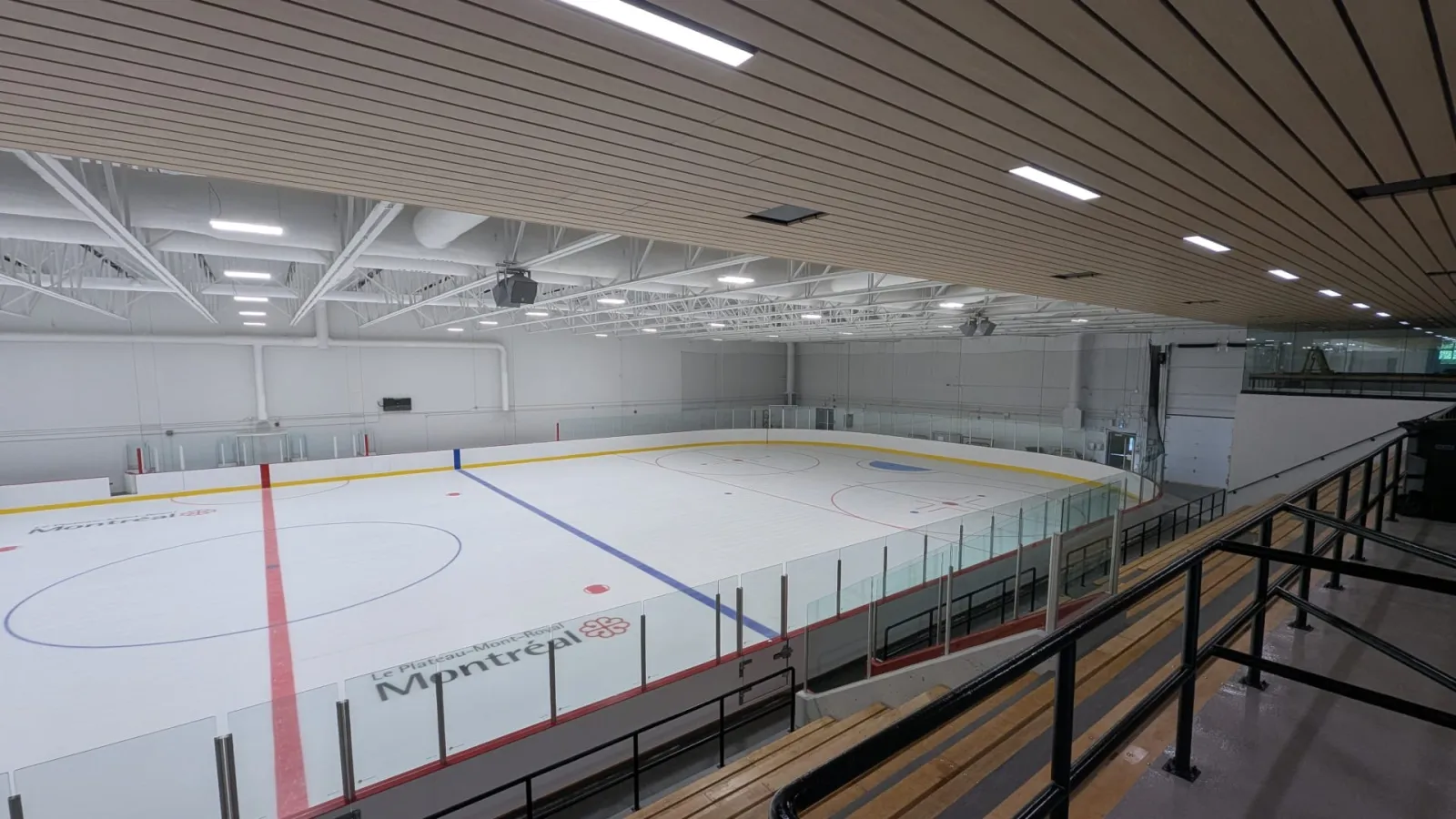 La patinoire vide vue d’un coin en hauteur, avec « Le Plateau-Mont-Royal Montréal » peint sur les bandes, des bancs de bois à l’avant-plan et un plafond de lattes de bois apparent. — Aréna des Patineuses