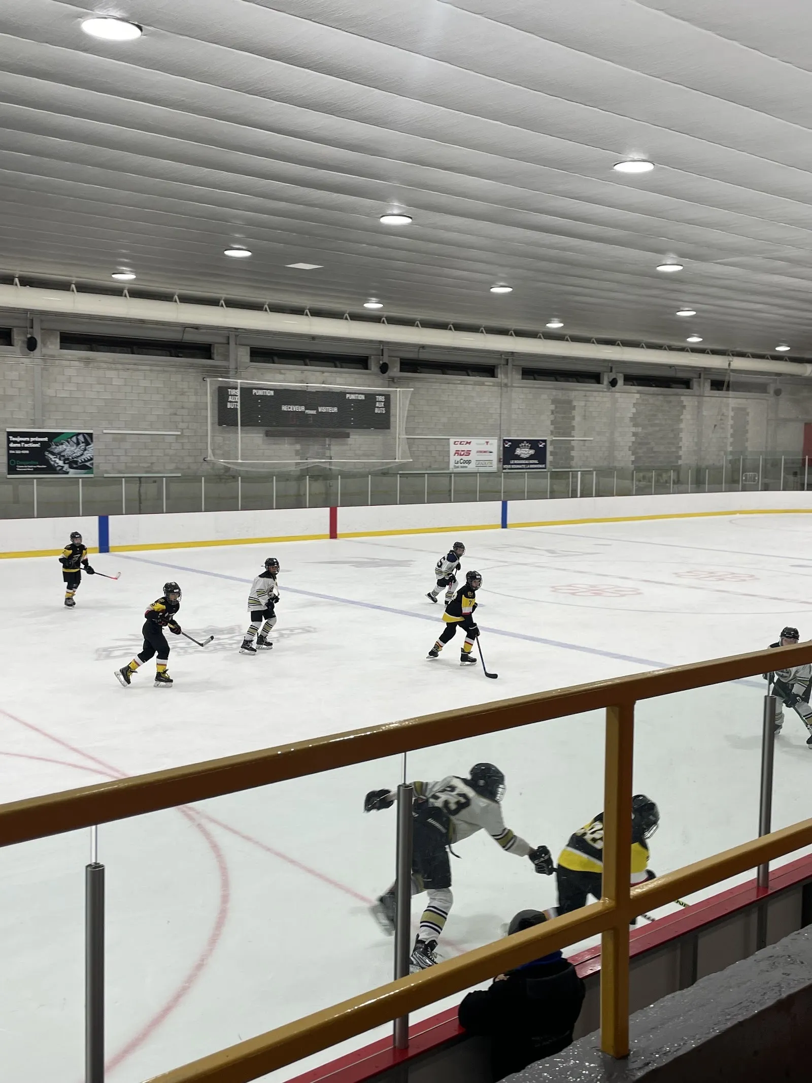 Un match vu par-dessus une rampe à dessus de bois, des joueurs répartis sur une grande surface de glace sous un plafond pâle, avec un mur signé au fond. — Aréna Fleury