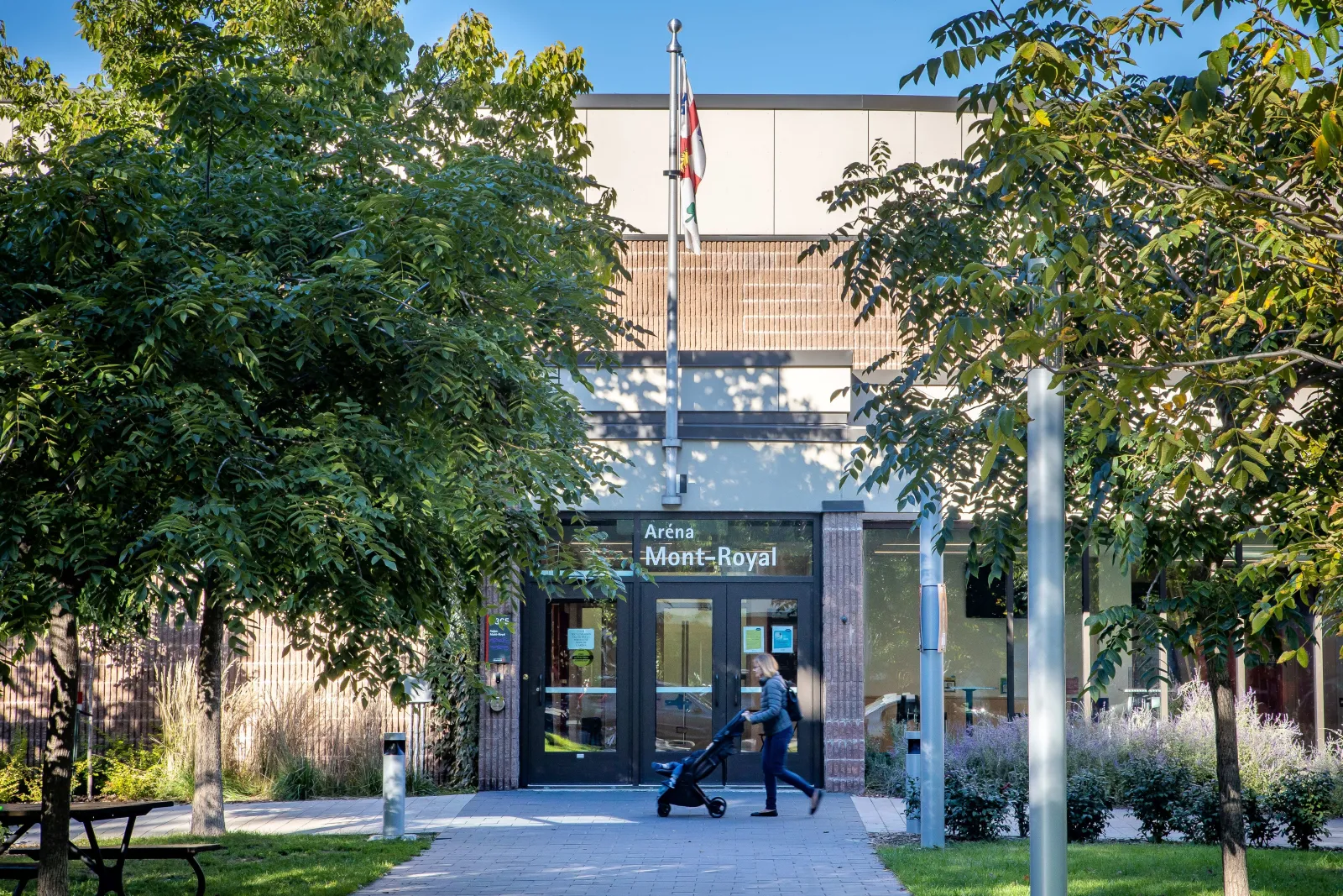 L’entrée du bâtiment encadrée d’arbres, avec l’enseigne « Aréna / Mont-Royal » au-dessus des portes vitrées et un mât de drapeau au-dessus. — Aréna Mont-Royal