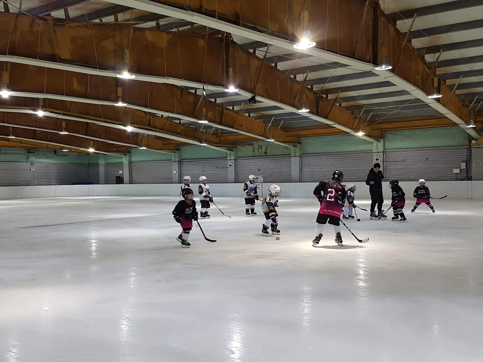 Youngsters playing hockey on the wide ice of Arte Suseongland's ice rink, under a steel-beamed roof. — Arte Suseongland Ice Rink