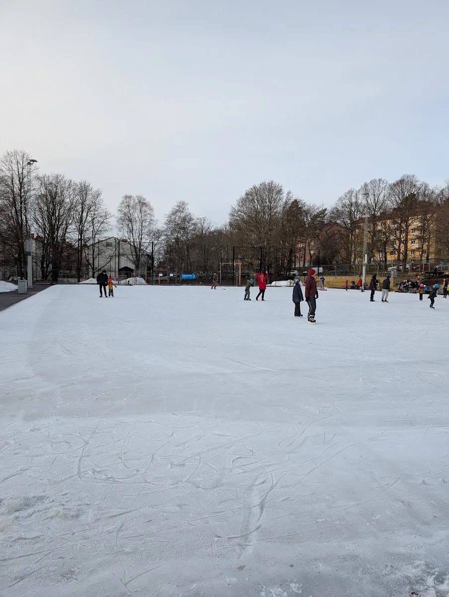 Skaters on the ice of the artificial-ice rink at Aspuddens idrottsplats — Aspuddens skridskois