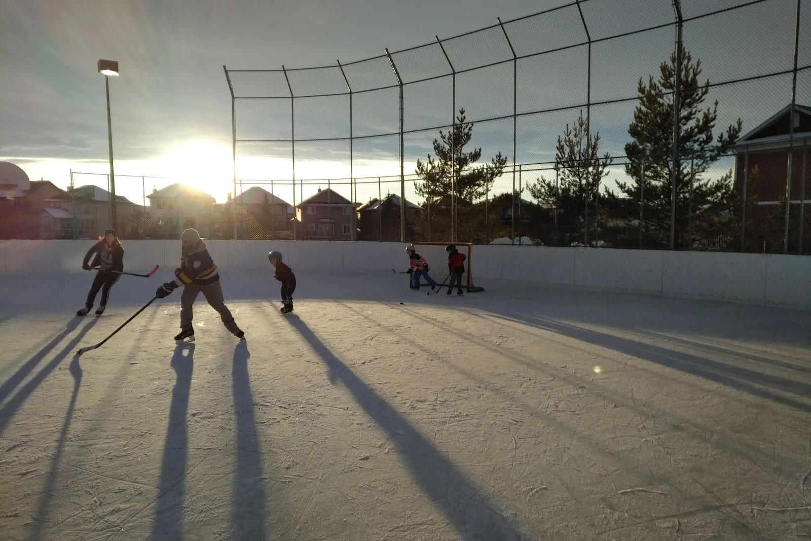 Skaters and a small child on the boarded outdoor ice at Bayside at dusk, with the low sun behind the fence and houses beyond. — Bayside Drive Boarded Rink (Airdrie)