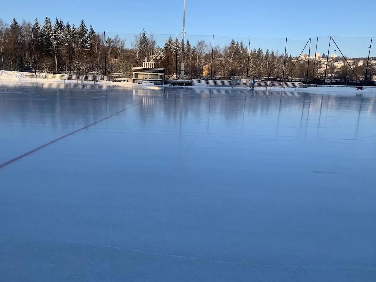 Bergbanen's artificial ice on a clear winter day, with the surrounding fence and trees beyond. — Bergbanen