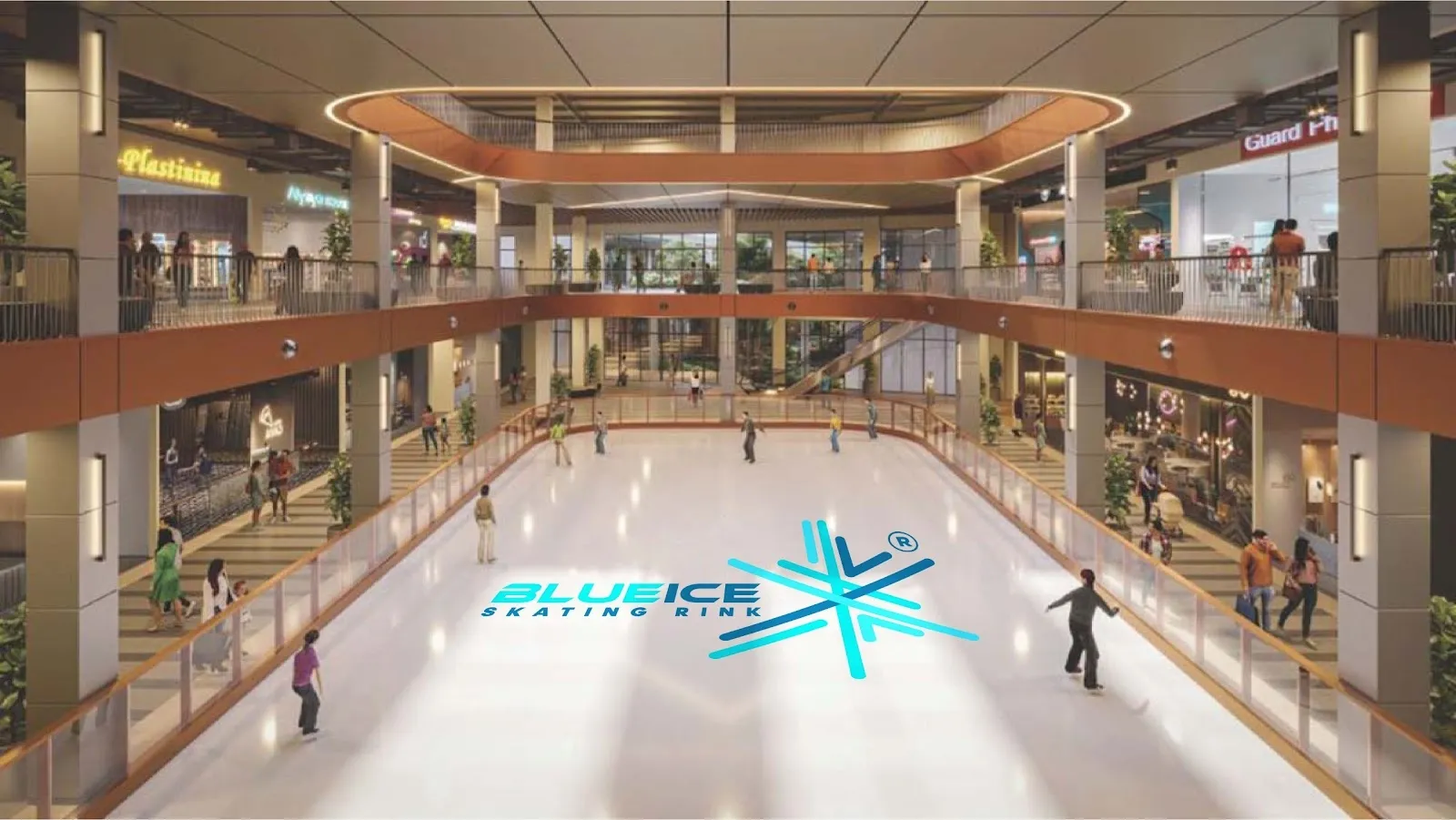 The ice rink inside Coalfields Retail Park seen from the upper level, with skaters on the ice and the shop fronts of the mall around it. — Blue Ice Skating Rink Coalfield Retail Park