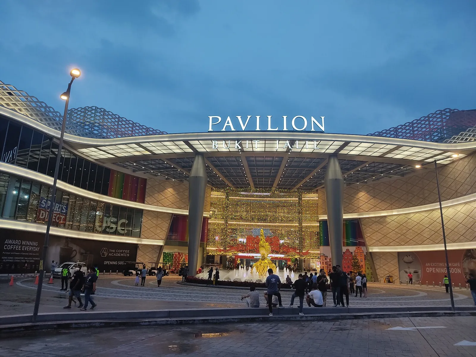The entrance of Pavilion Bukit Jalil at dusk, the building that holds the rink and snow park on its fifth floor. — Blue Ice Snow Park Pavilion Bukit Jalil