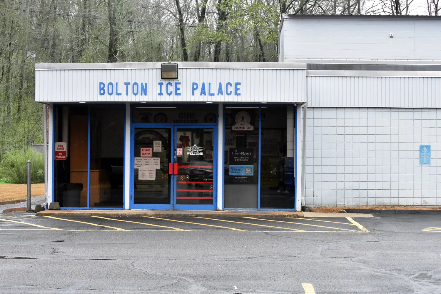 Bolton Ice Palace's front doors below the blue rink lettering. — Bolton Ice Palace