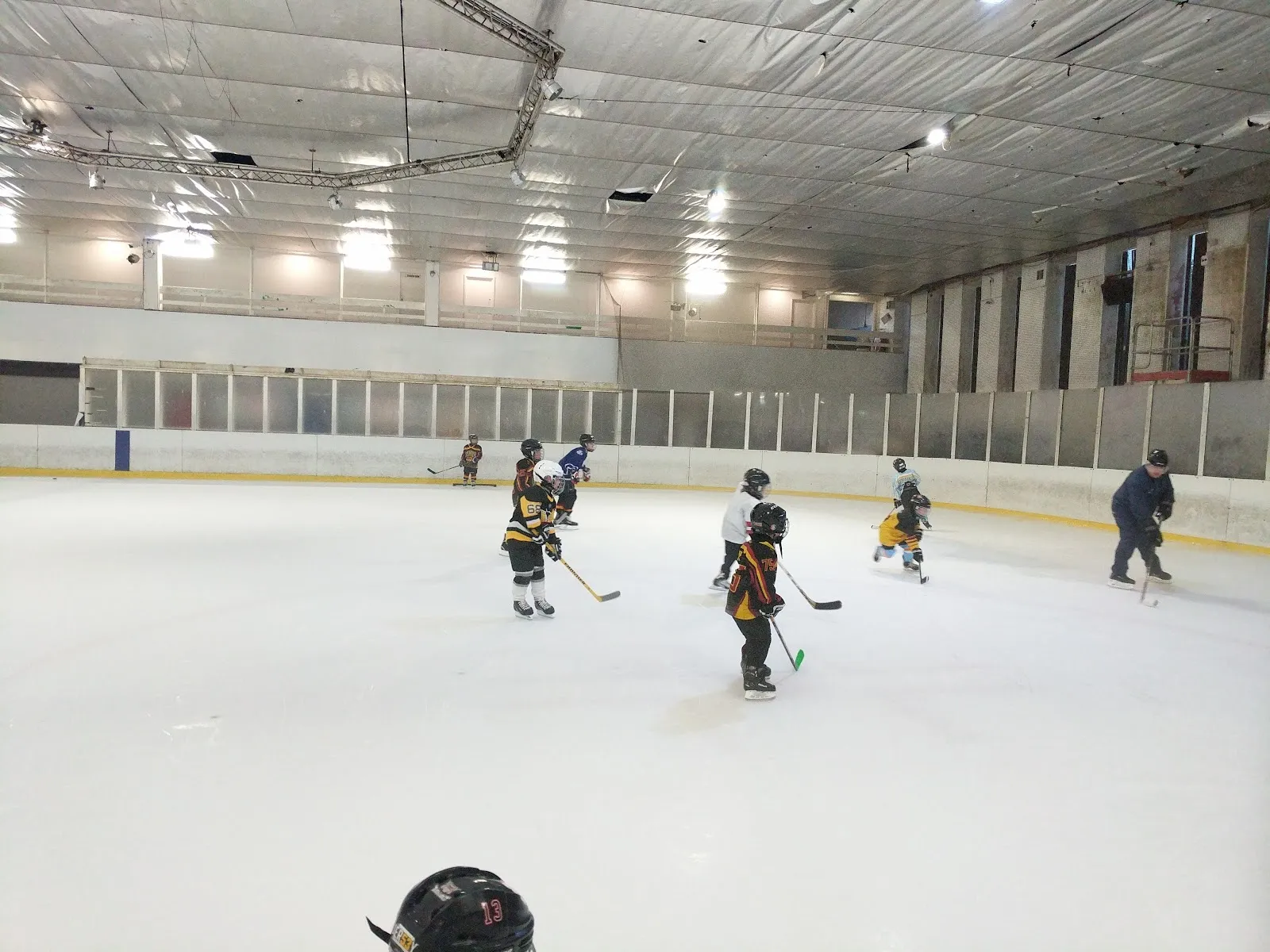 Ice hockey players on the ice sheet at Bradford Ice Arena, with the boards, ceiling and floodlights of the hall behind them. — Bradford Ice Arena