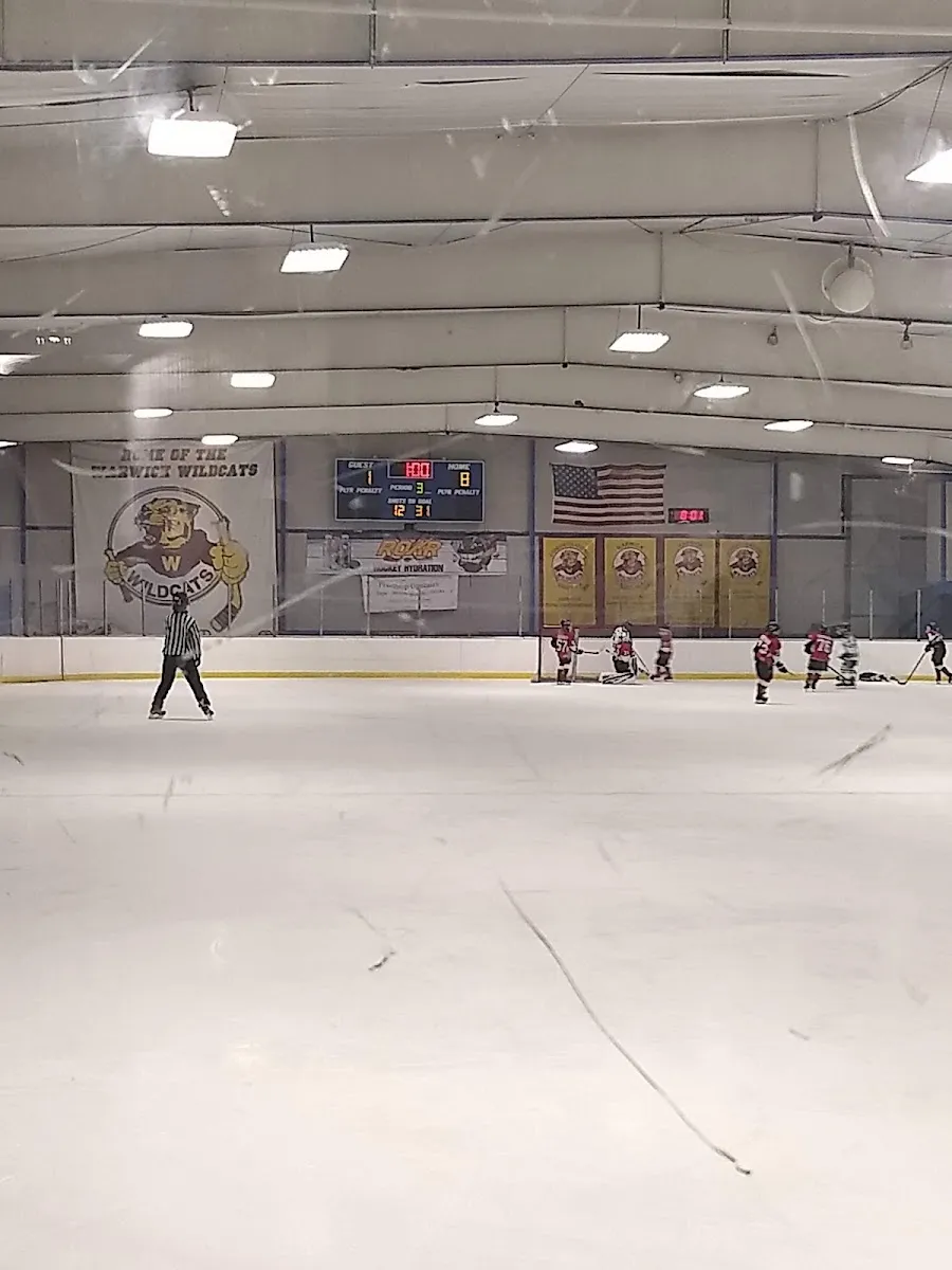La pista de Bucks County Ice Sports Center vista a través del cristal, con un mural de los Wildcats, mantas y el marcador en la pared del fondo. — Bucks County Ice Sports Center