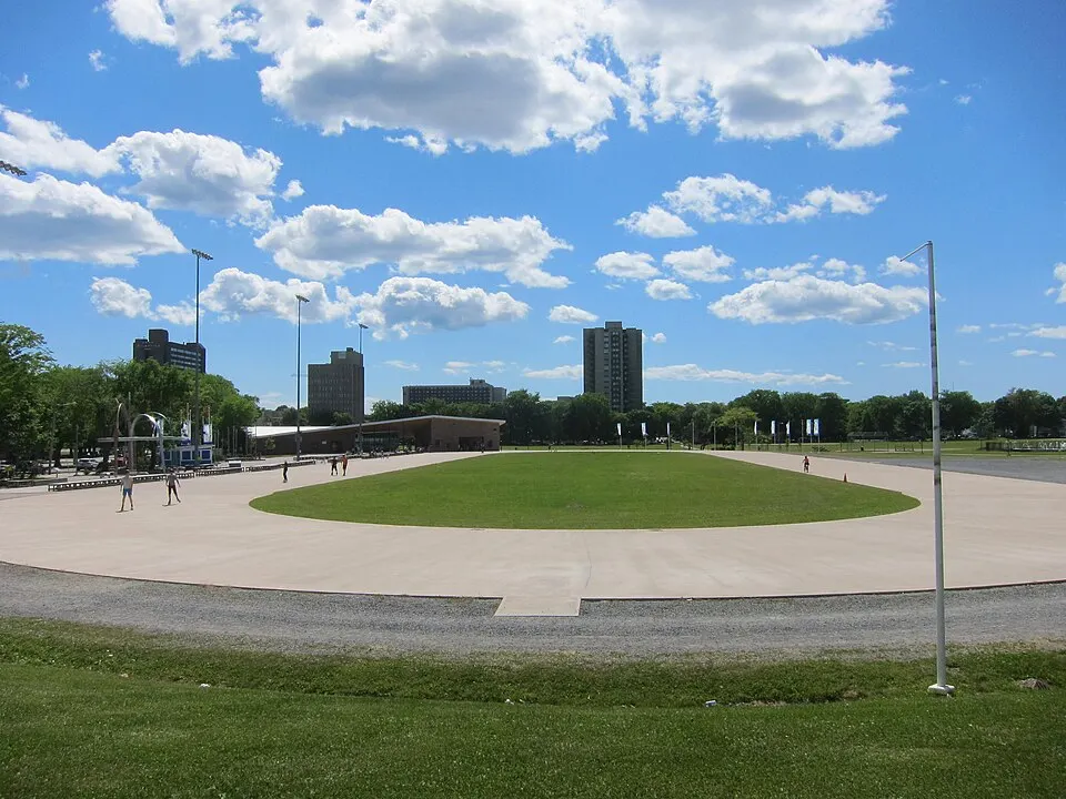 The Emera Oval track and central lawn during the warm season. — Emera Oval