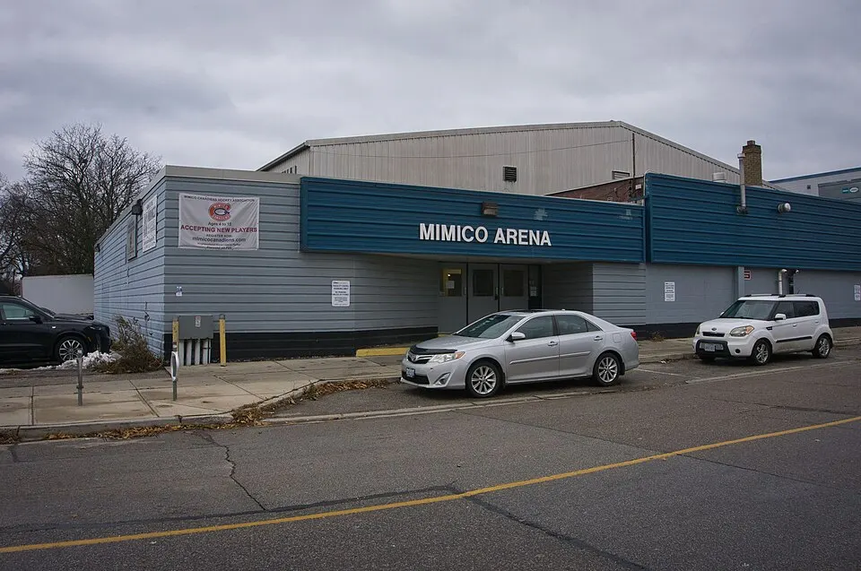 Mimico Arena’s signed Drummond Street entrance in 2025. — Mimico Arena
