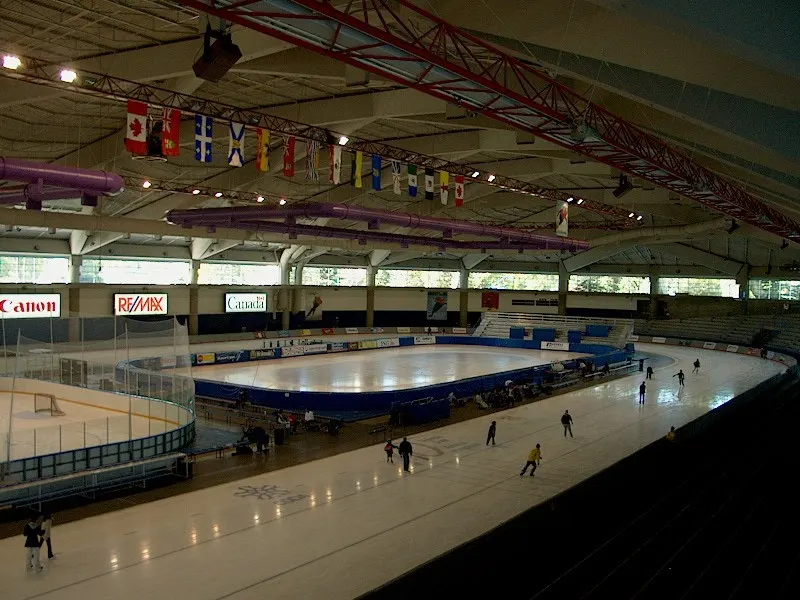 The Olympic Oval long-track ice viewed from the stands. — Olympic Oval