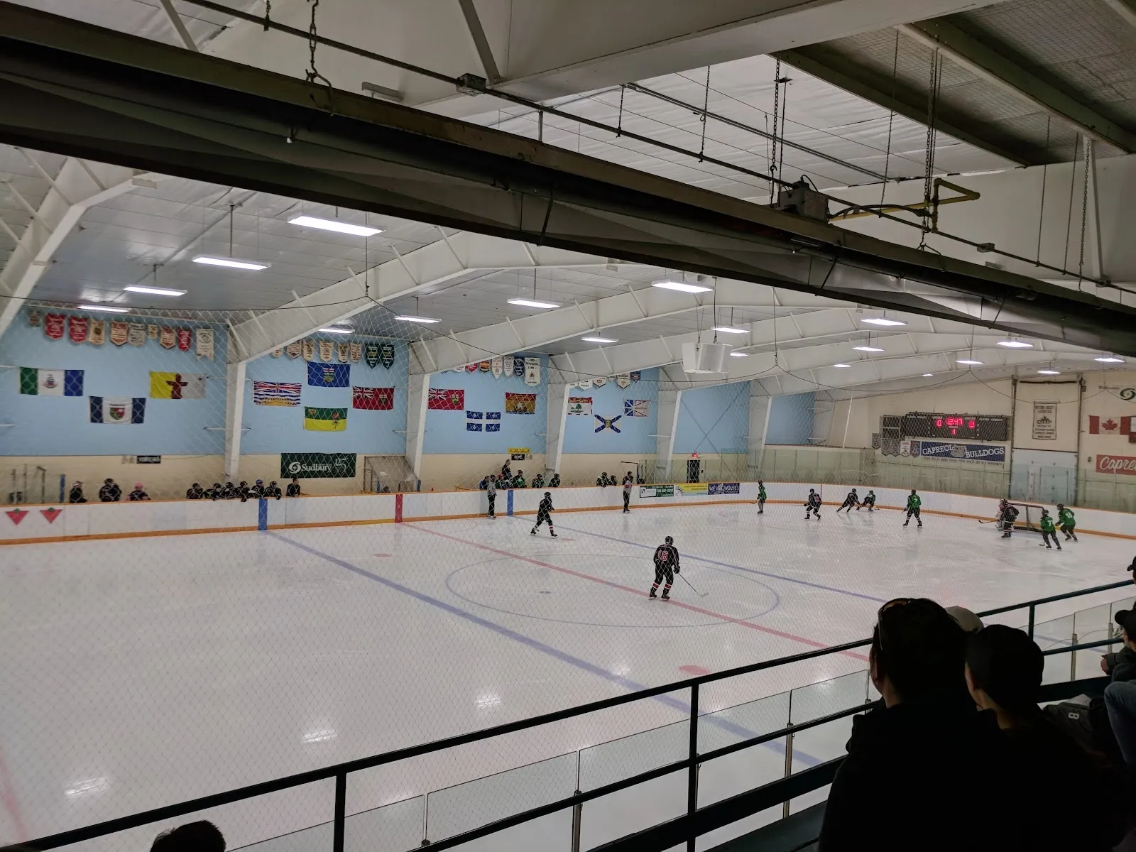 Una vista amplia de una pista con unos cuantos patinadores a lo lejos sobre el hielo, banderas en la pared del fondo y un techo con estructura de acero arriba. — Capreol Community Centre and Arena