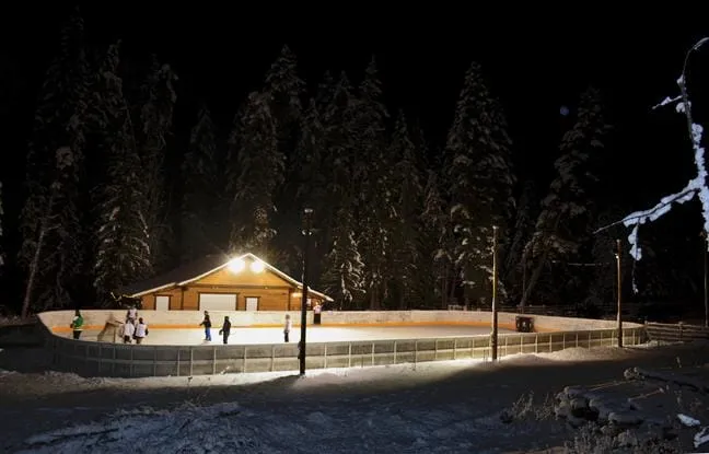 The Cherryville outdoor rink at night: a boarded ice surface lit by floodlights, a log warming hut at the back and a few skaters, ringed by snow-laden spruce trees. — Cherryville Outdoor Rink