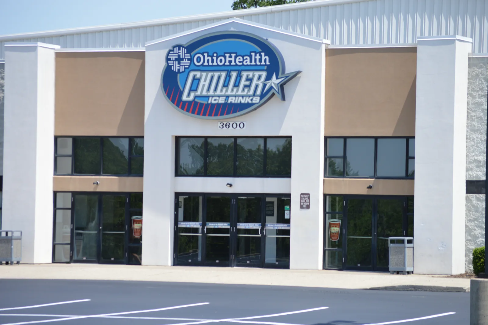 The white entrance tower of OhioHealth Chiller Easton with the Chiller Ice Rinks sign and the 3600 street number — OhioHealth Chiller Easton