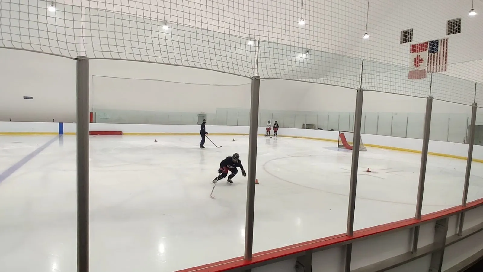 A wide view of the sheet through the glass and netting, a player far down the ice under a white arched roof. — OhioHealth Chiller Ice Works