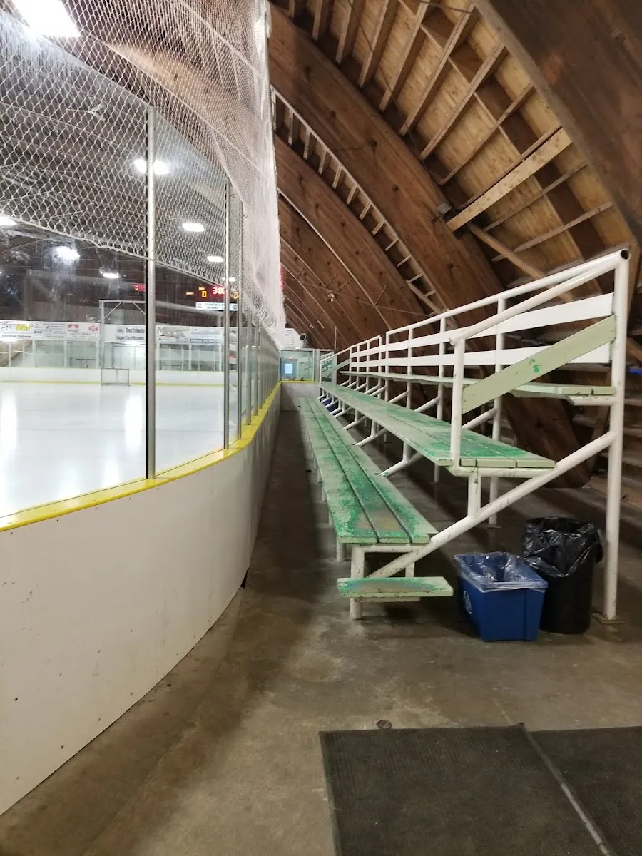 Gradas de madera verdes a lo largo de las vallas bajo el techo arqueado de madera de la arena, con el hielo y el extremo del fondo más allá del vidrio. — Coldwater Community Centre