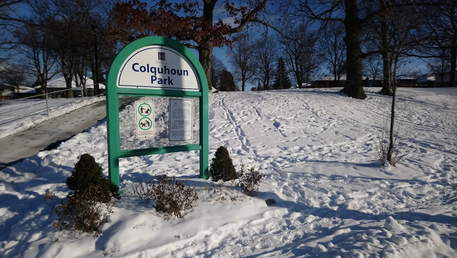 El letrero de entrada de Colquhoun Park bajo la nieve del invierno, junto a la pista comunitaria, sin personas a la vista — Colquhoun Park Community Outdoor Rink