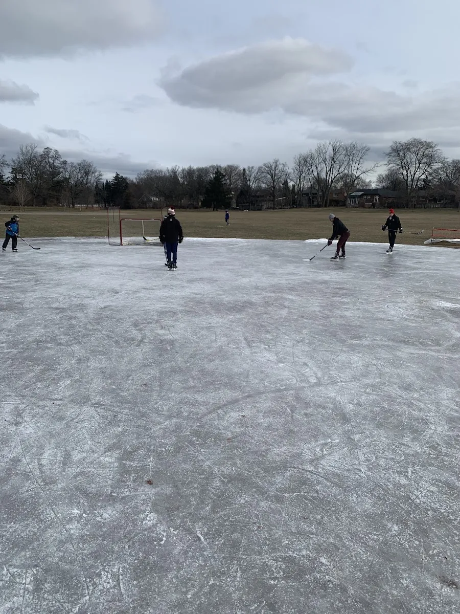Hockey de barrio en la pista comunitaria inundada de Colquhoun Park, con jugadores y una portería a lo lejos sobre el hielo y árboles más allá — Colquhoun Park Community Outdoor Rink