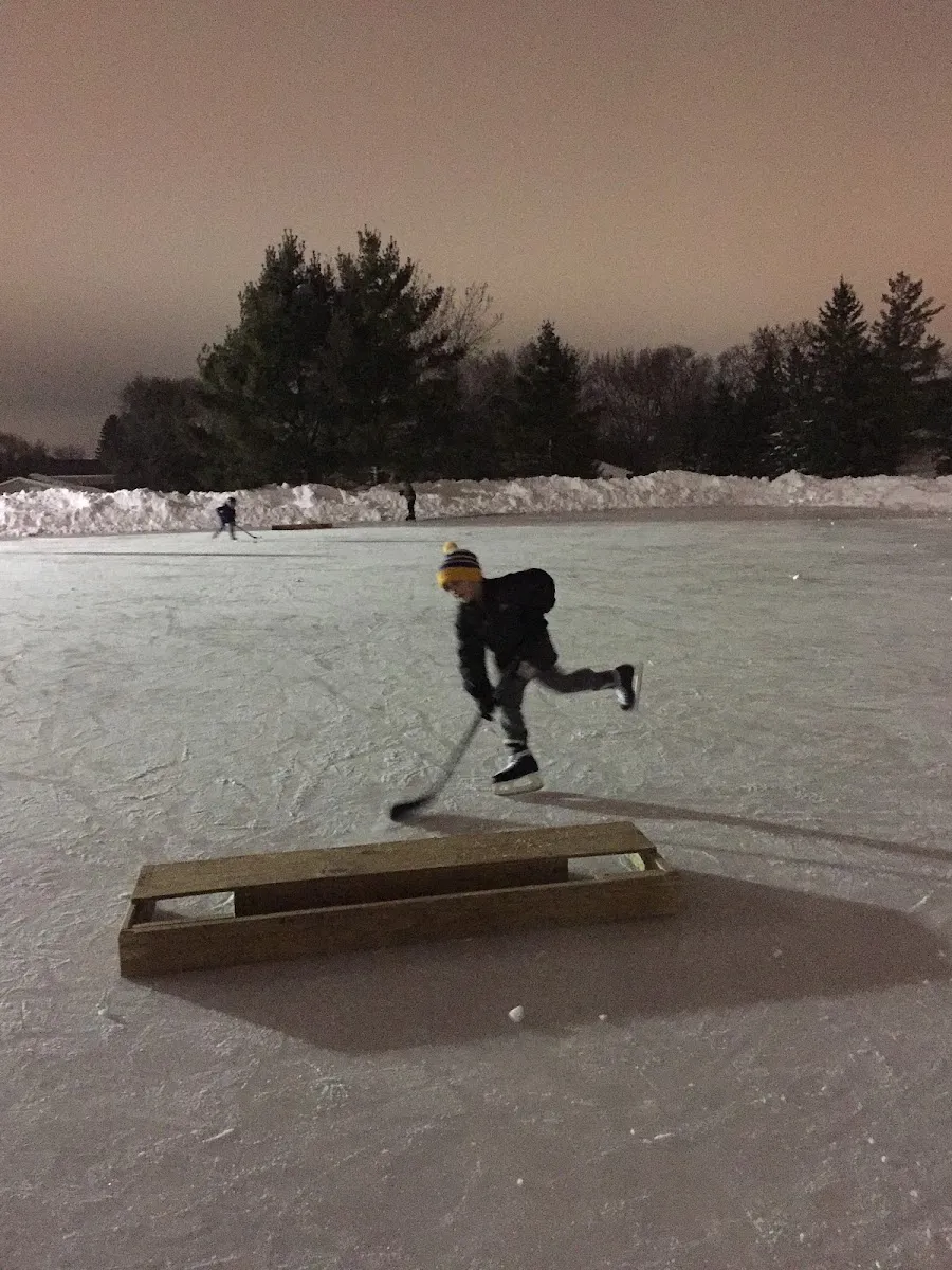 A hockey player on the night-lit outdoor ice with snowbanks and evergreens behind — Cornelia School Park Ice Rinks