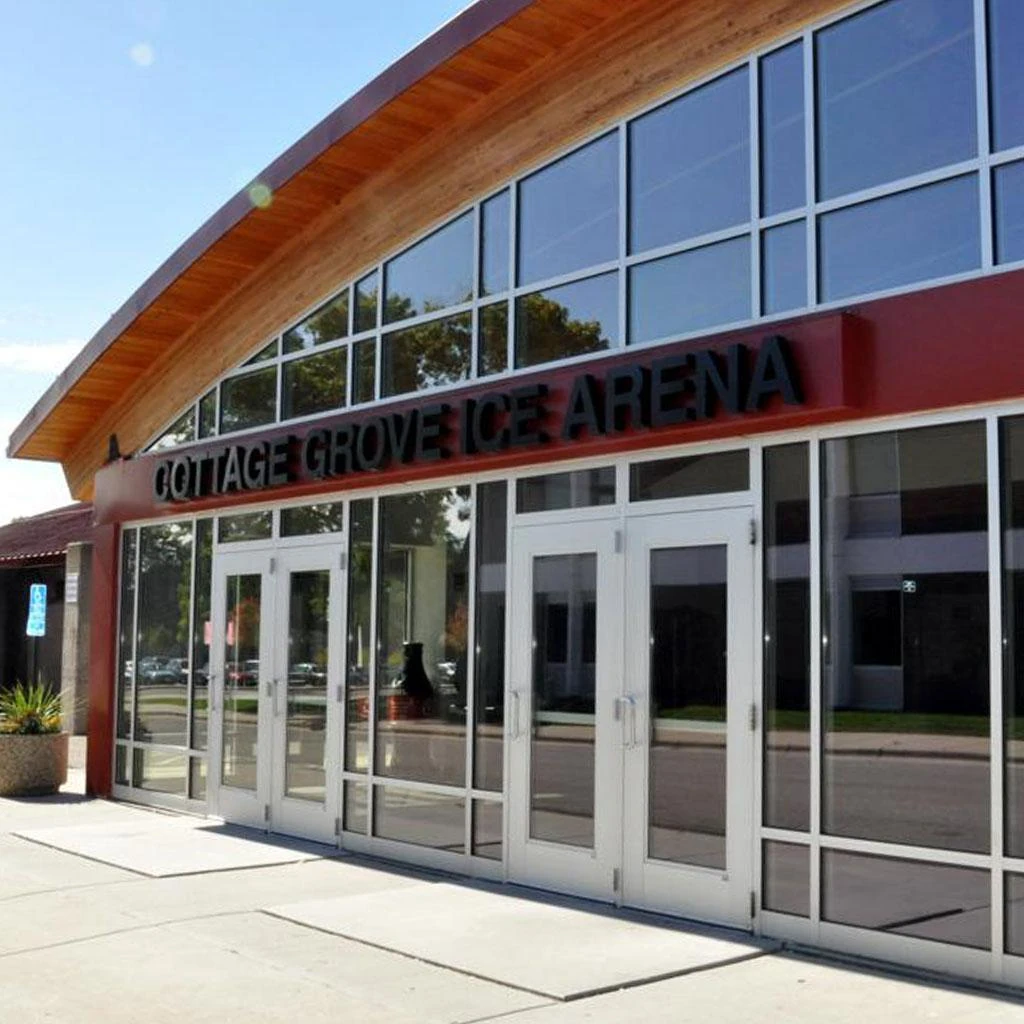 The glass-fronted entrance to Cottage Grove Ice Arena. — Cottage Grove Ice Arena
