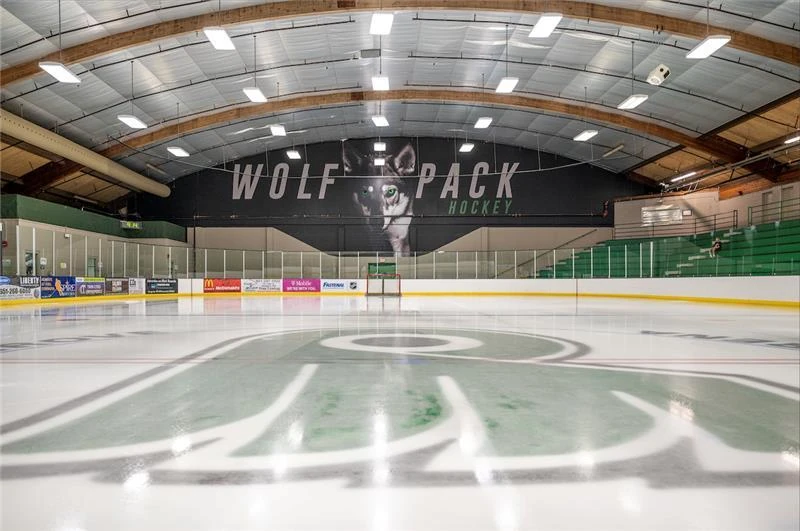 The Cottage Grove ice surface beneath the Wolfpack mural. — Cottage Grove Ice Arena