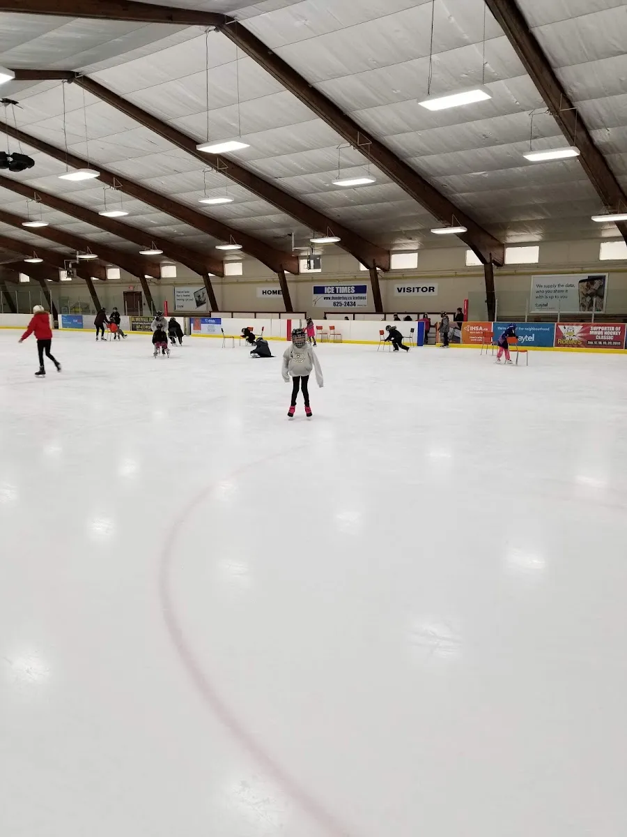 El hielo del Delaney Arena con patinadores a lo lejos durante una sesión — Delaney Arena