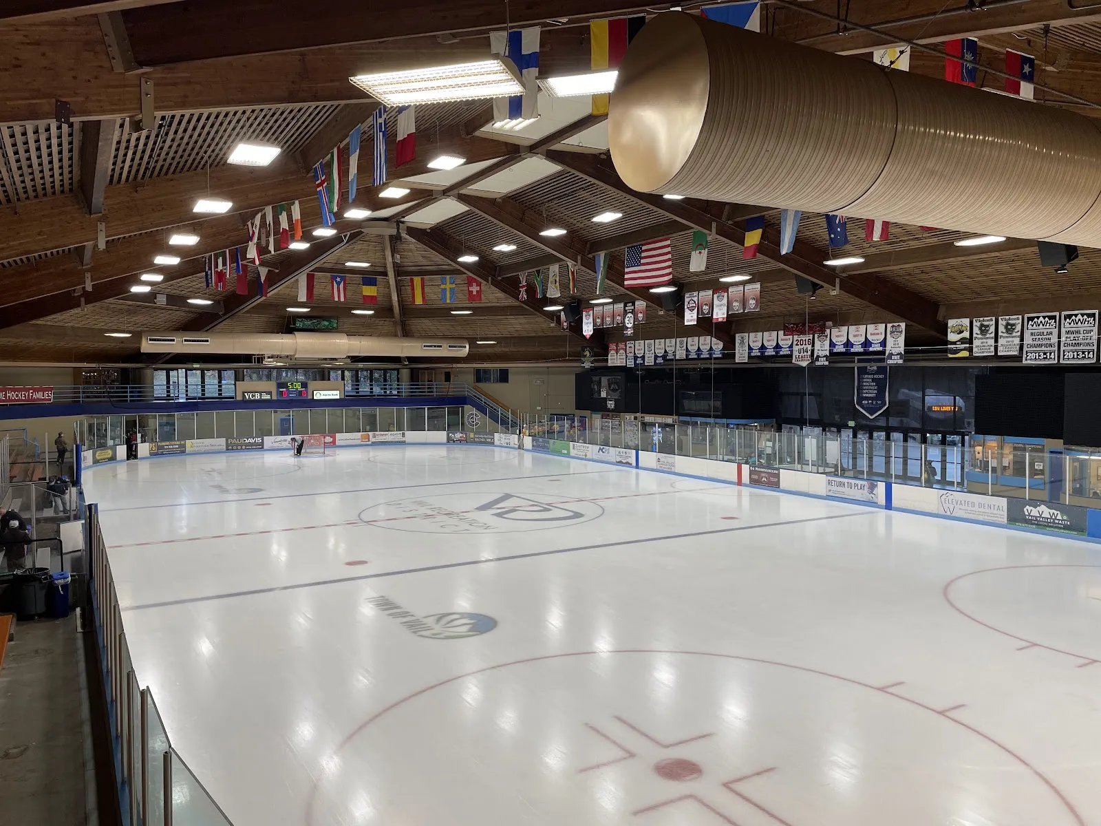The ice sheet and timber roof at Dobson Arena in Vail, from the Google Maps listing (the arena has since been renovated) — Dobson Arena