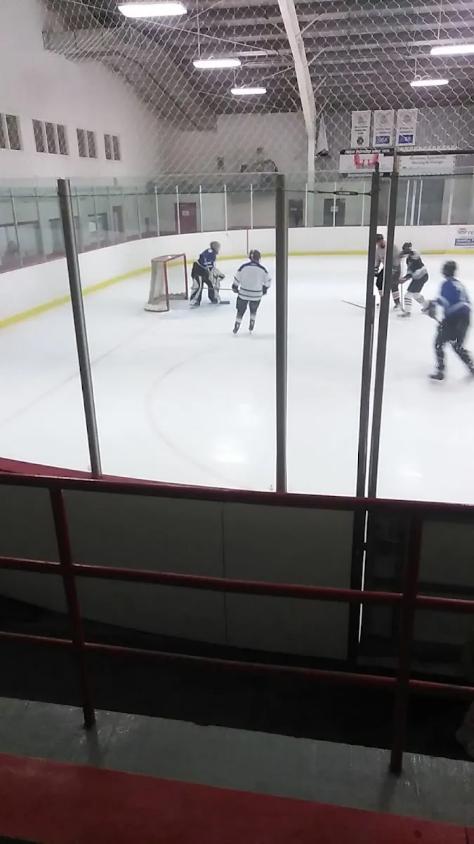 A few players near the net on the Douro arena ice, seen through the rink glass. — Douro Community Centre