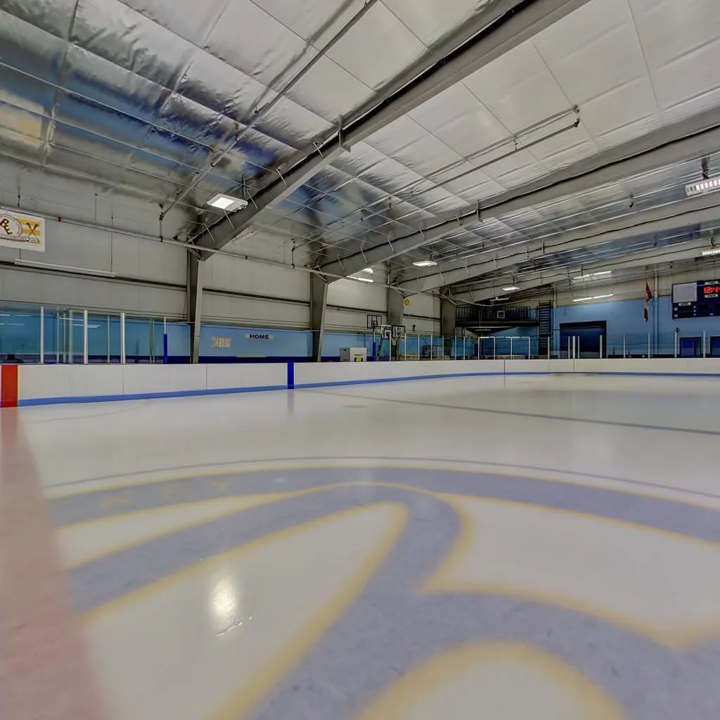 Pista de hielo techada vacía fotografiada a nivel del hielo, que muestra toda la superficie con marcas azules y amarillas en el centro, vallas con un letrero «HOME», un marcador y la estructura del techo de metal aislado del edificio arriba. — Earnscliffe Recreation Centre