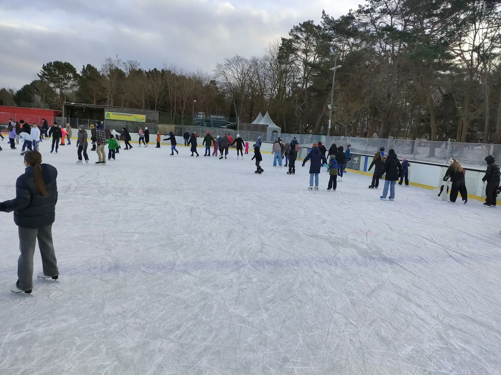 Public skaters on the rink at Heringsdorf, seen across the ice with the boards, the snack kiosk and the trees of the dune behind. — Eisarena Insel Usedom