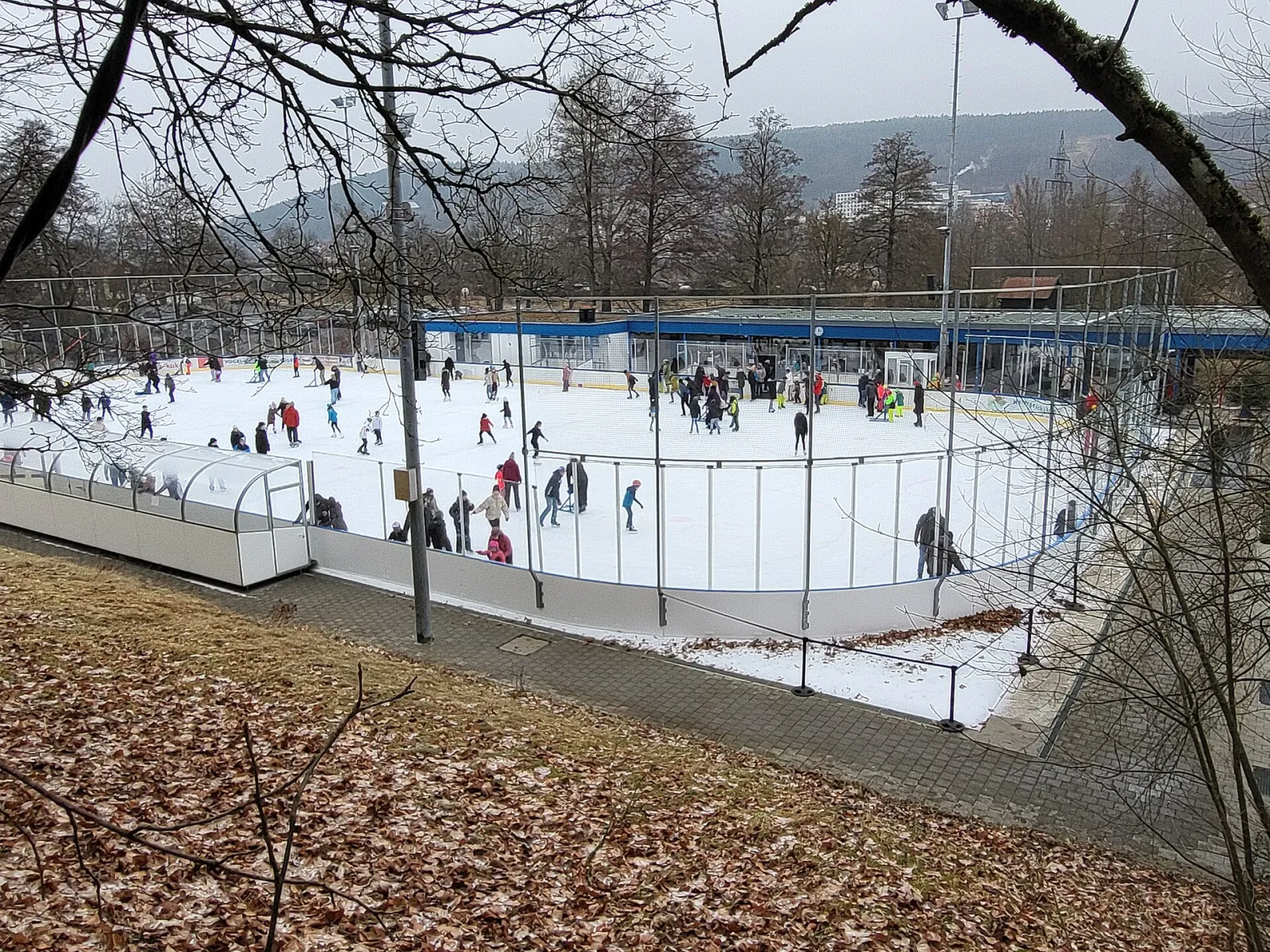 Das Freiluft-Eisstadion vom Hang oberhalb, mit Zaun, Bäumen und den überdachten Sitzbereichen ringsum. – Kunsteisbahn Kulmbach