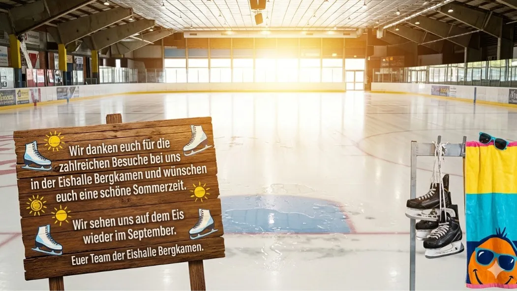 The empty ice surface of the Bergkamen hall in bright light, with the wooden season-break sign by the boards and the skate-hire area to the right. — Eishalle Bergkamen