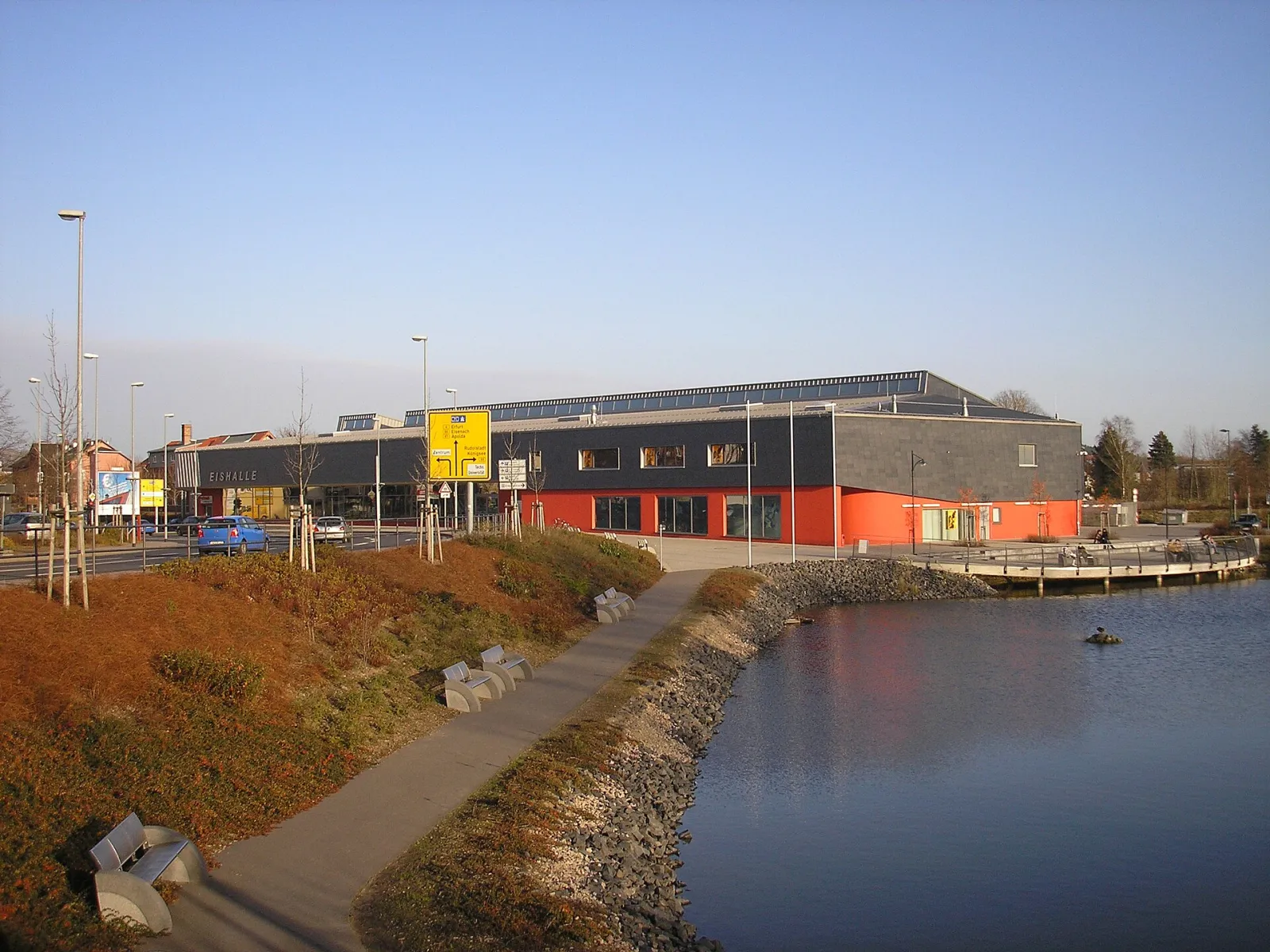 The Eishalle Ilmenau seen from the lake side — Eishalle Ilmenau