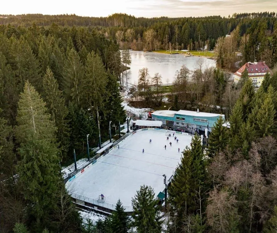 Luftaufnahme der Freiluft-Eisbahn zwischen den Bäumen am Waldsee, mit dem Vereinsheim neben dem Eis – Eisplatz Lindenberg
