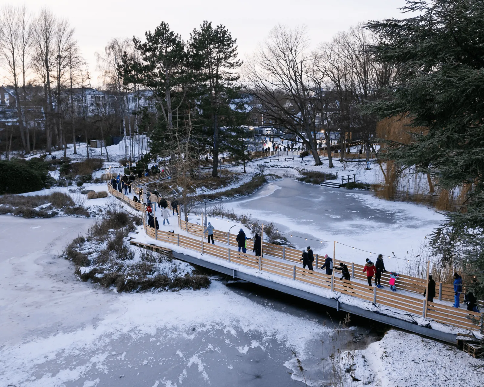 The skating loop across the Kurparksee bridge in the illuminated Kurpark. — EISWELT SCHARBEUTZ