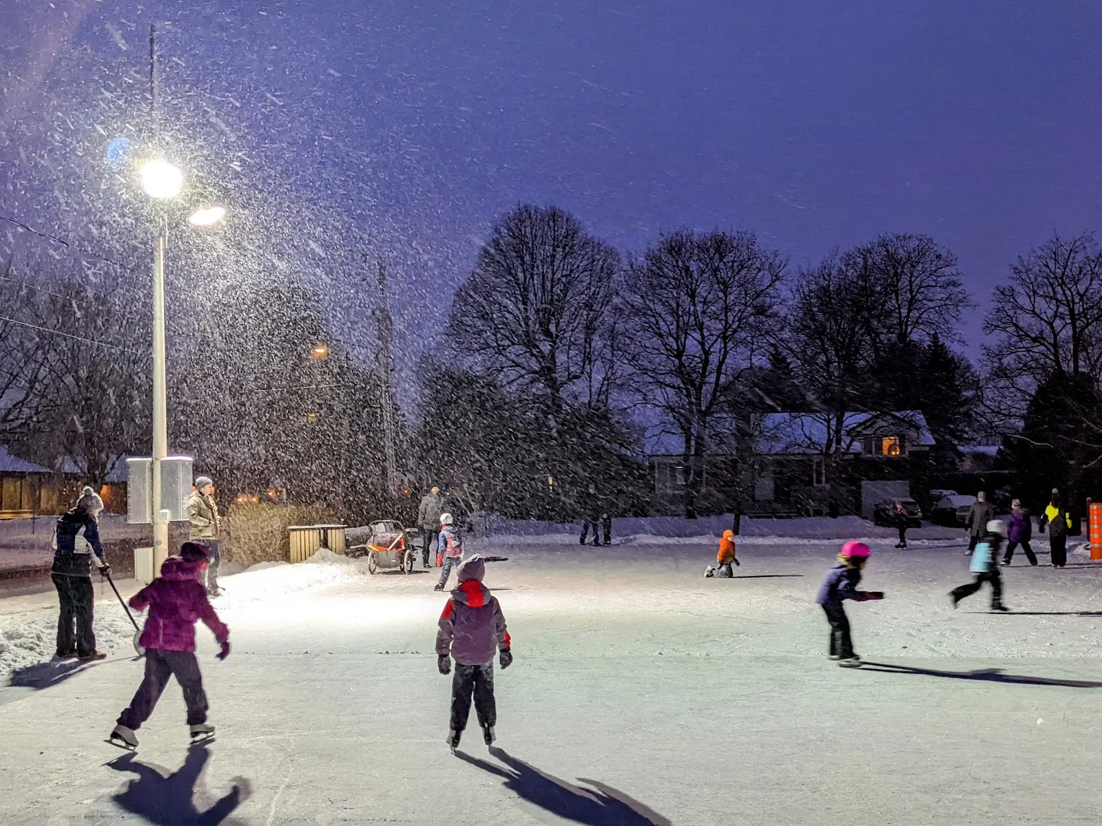 Families skating on the floodlit rink at Dulwich Park on a snowy evening — Étang de patinage libre du parc Dulwich (Saint-Lambert)