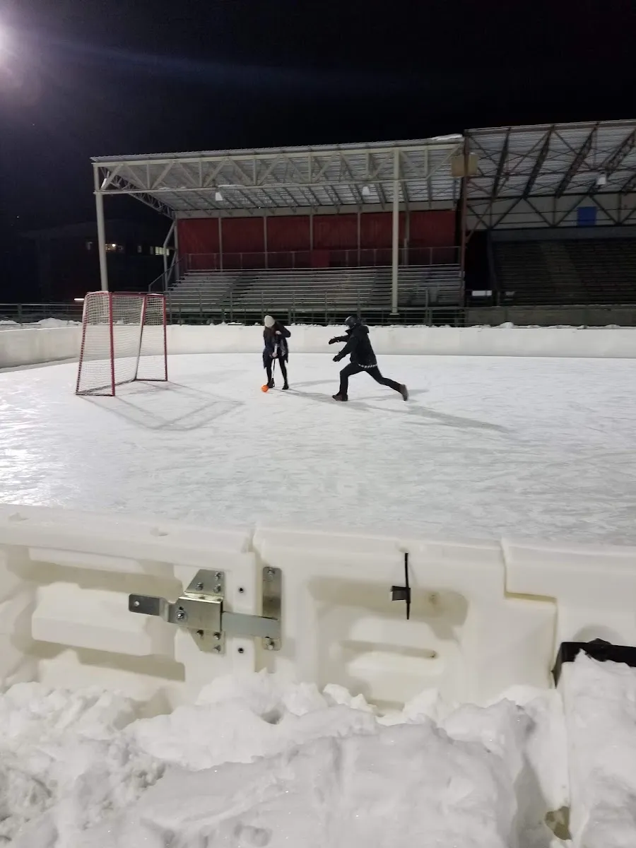 Skaters at night on the fairgrounds rink with a hockey net and the grandstand behind — Fairgrounds Ice Rink