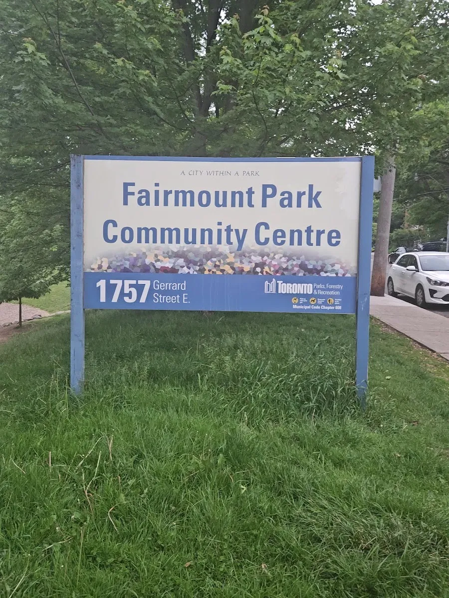 The Fairmount Park Community Centre sign on Gerrard Street East, in a photo from its Google Maps listing. — Fairmount Park Natural Ice Rink