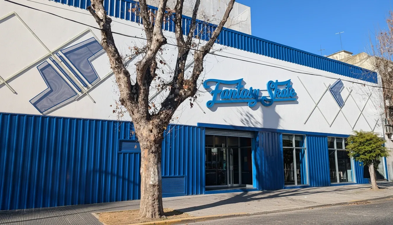 El frente azul y blanco de Fantasy Skate sobre José Pedro Varela, en Villa Devoto, con su letrero sobre la entrada — Fantasy Skate