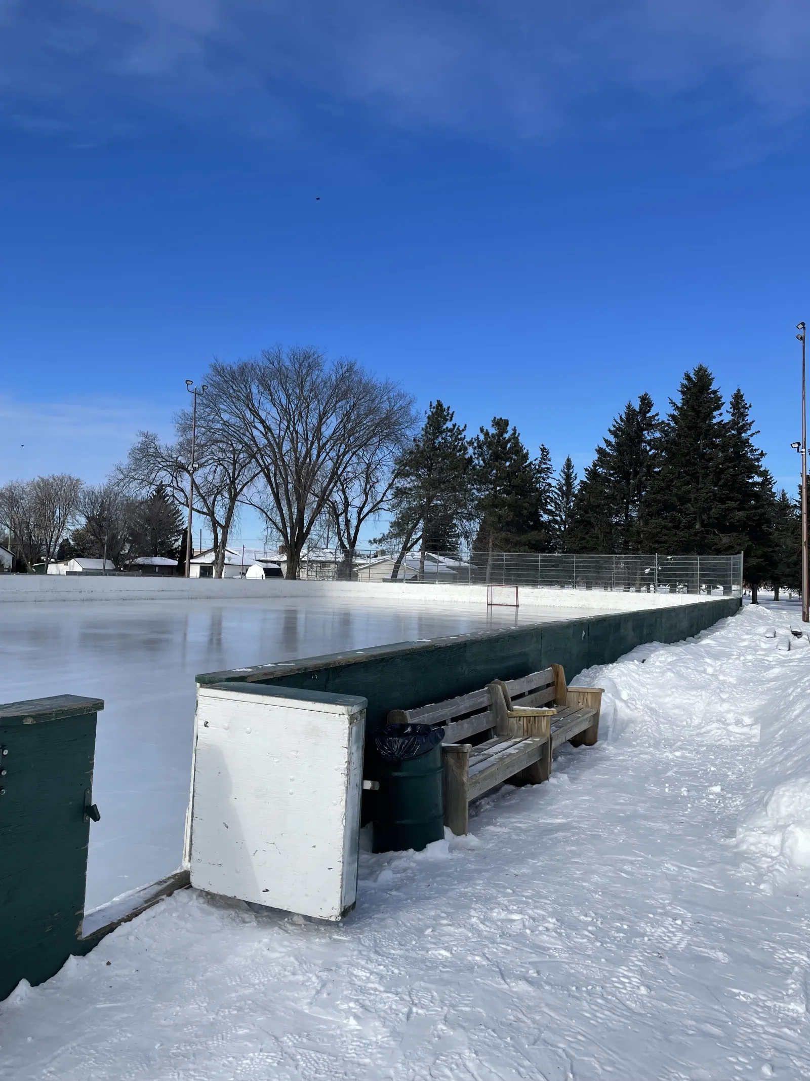 The Frank Charry Park boards with a bench and bin beside the rink — Frank Charry Park Outdoor Rink