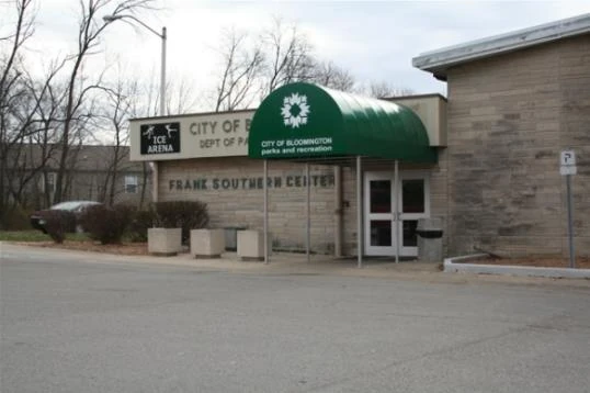 Frank Southern Center entrance under a green City of Bloomington Parks and Recreation awning, with an Ice Arena sign. — Frank Southern Ice Arena