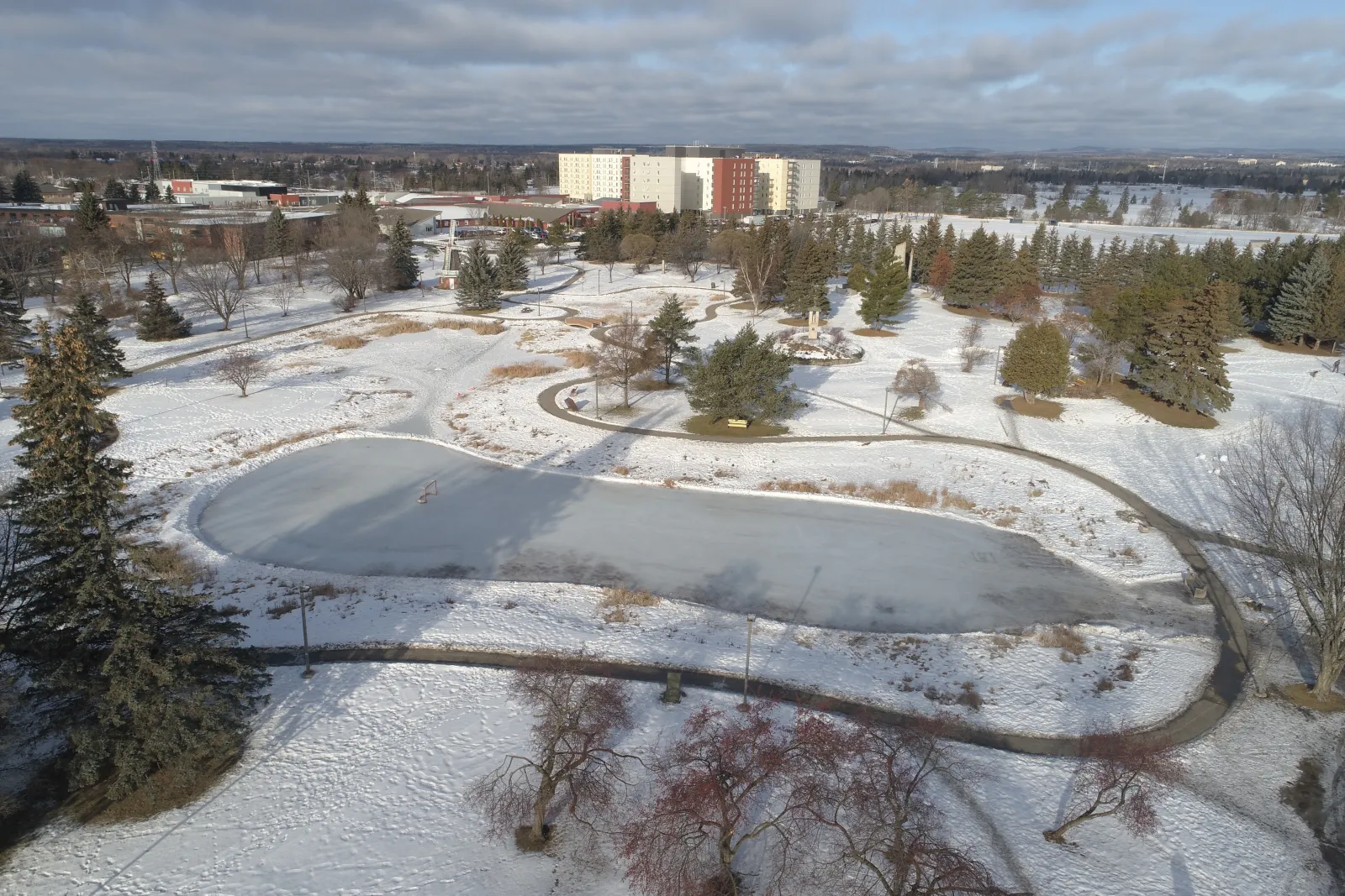 The Friendship Gardens pond in its park, seen from above with the city beyond — Friendship Gardens Skating Pond