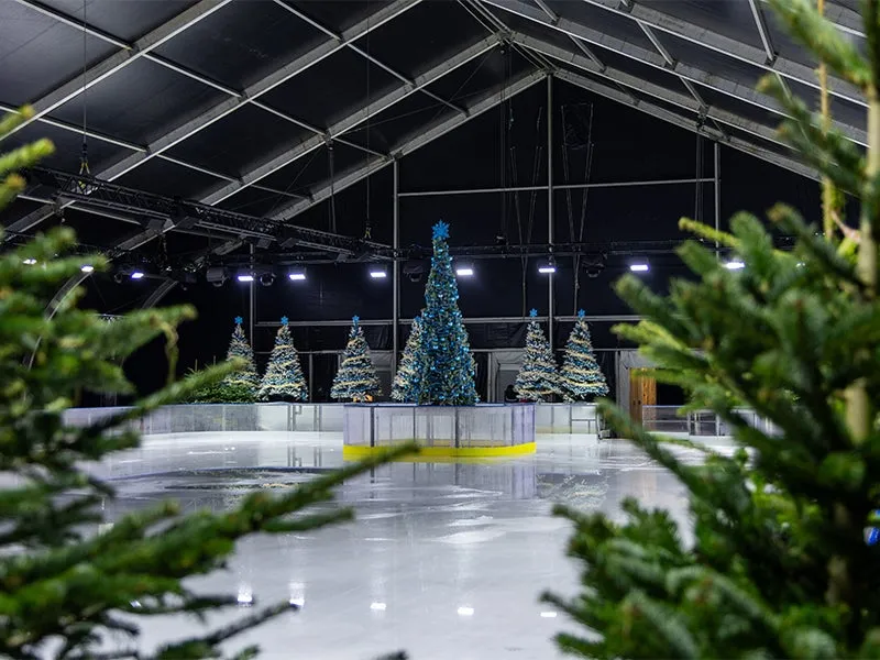 La patinoire couverte du Crystal Pavilion de Walibi Winter à Walibi Belgium, décorée de sapins de Noël — Frozen Land at Walibi Winter (Walibi Belgium)