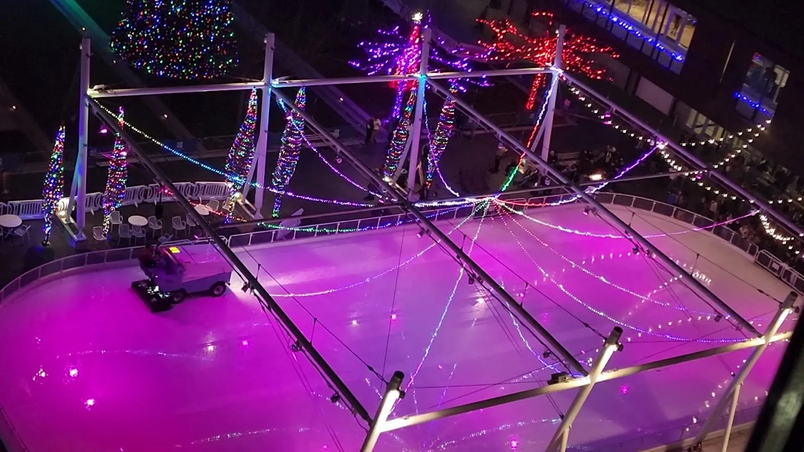 La pista desde arriba bajo las luces, con una pulidora de hielo sobre la superficie vacía iluminada en rosa y morado, con marcos de luces y árboles alrededor. — Gallivan Center Ice Rink