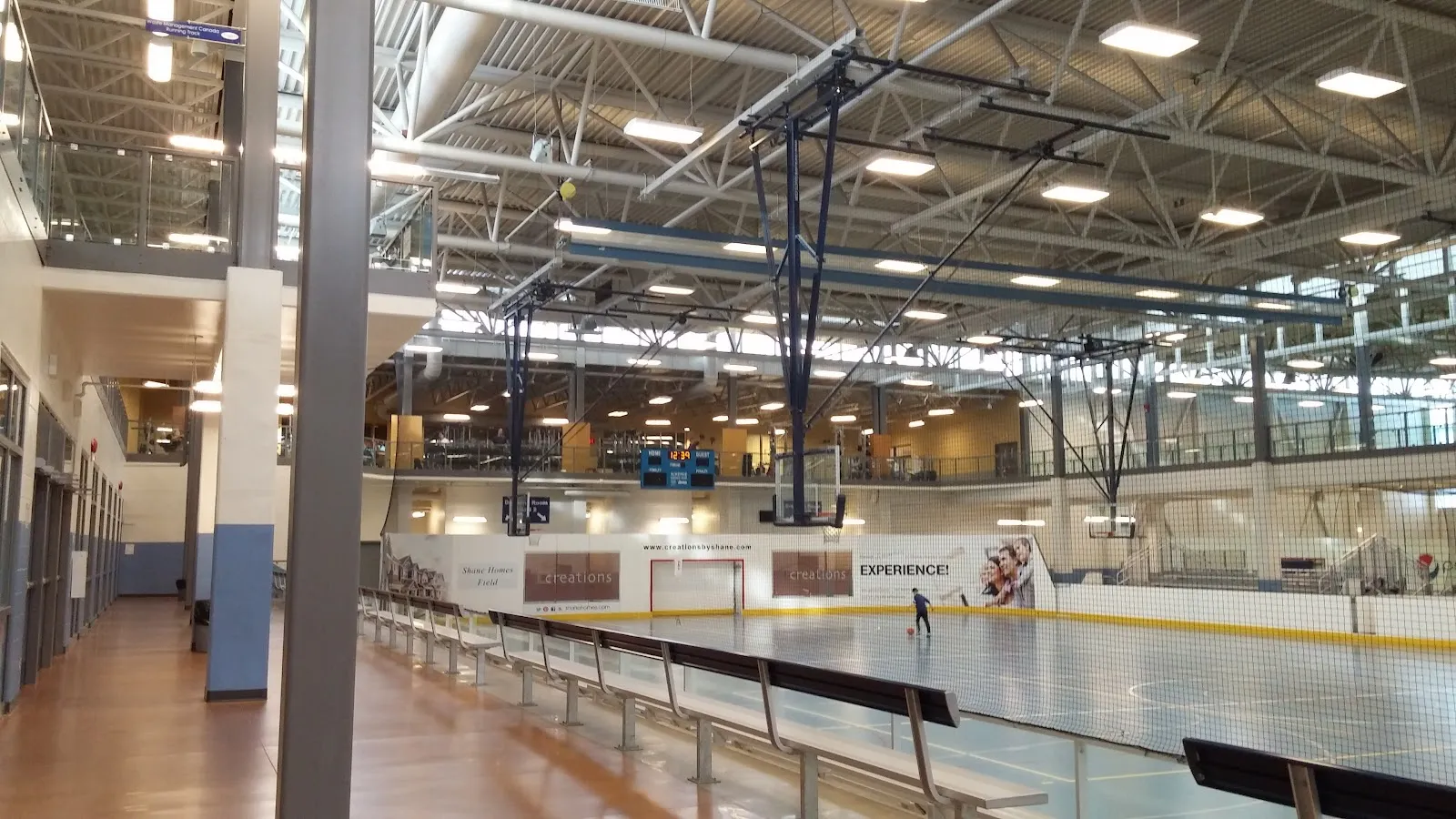 Interior of the Genesis Place ice hall: the rink with its boards and banner, the viewing level above and the ceiling lights; one skater far at the edge. — Genesis Place Twin Arena